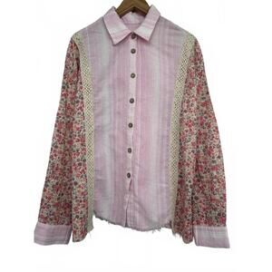Vintage-Inspired Pink Floral Button-Up Shirt with Lace Trim
